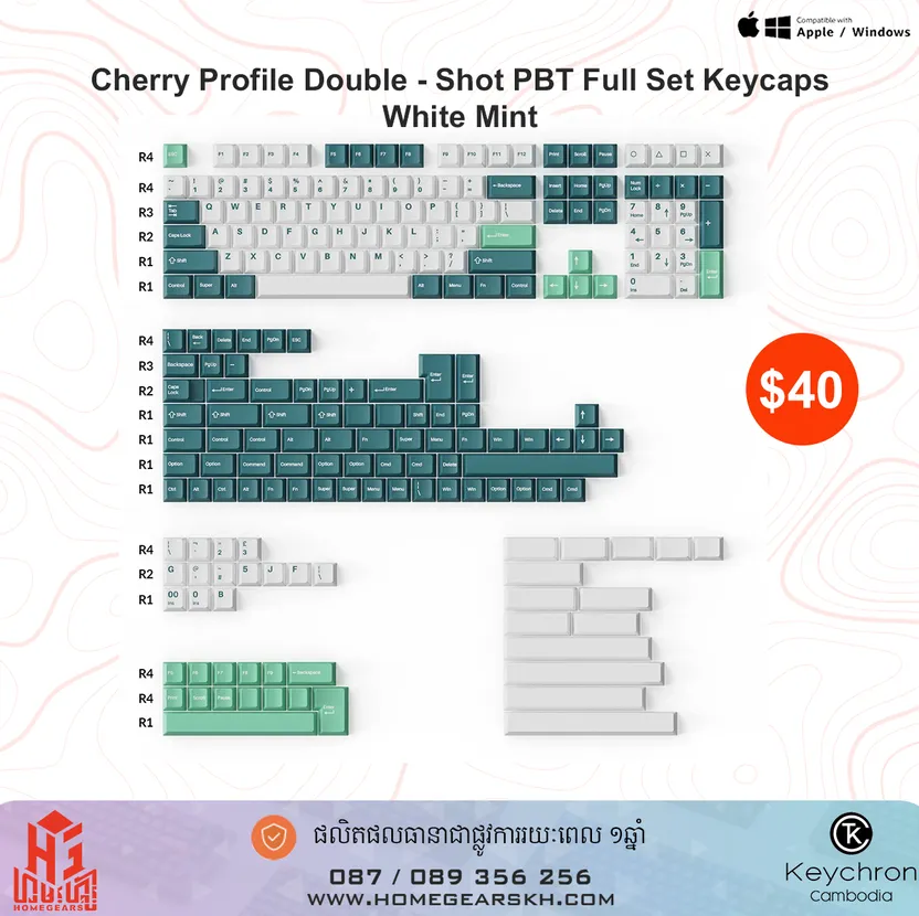 Keychron Cherry Profile Double-Shot PBT Keycaps - White Mint