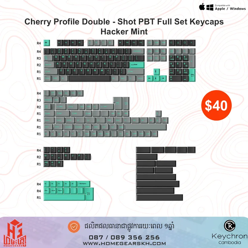 Cherry Profile Double - Shot PBT Full Set Keycaps - Hacker Mint